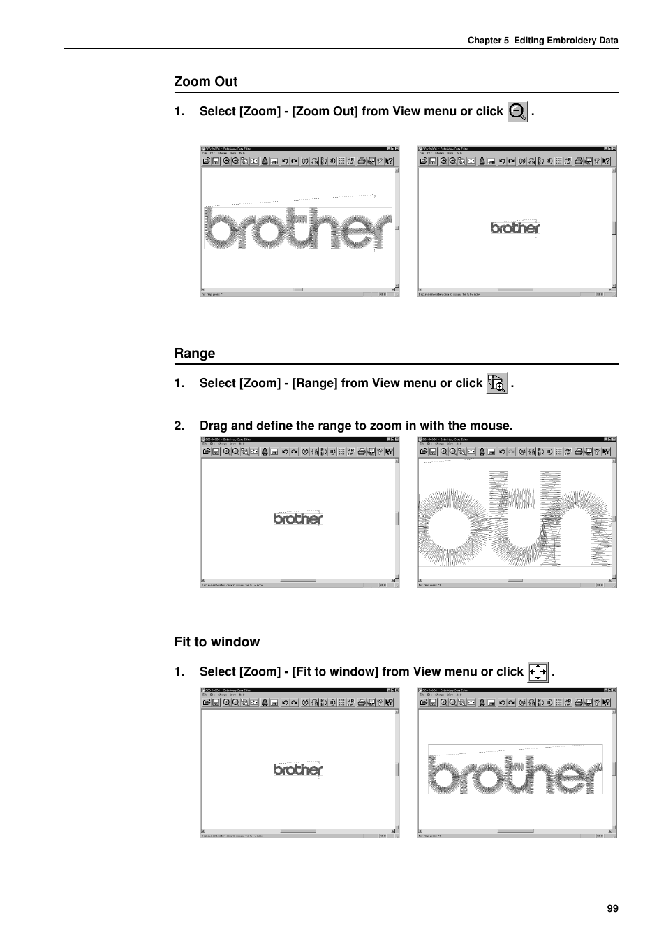 Zoom out, Range, Fit to window | Brother BES-962BC User Manual | Page 101 / 270