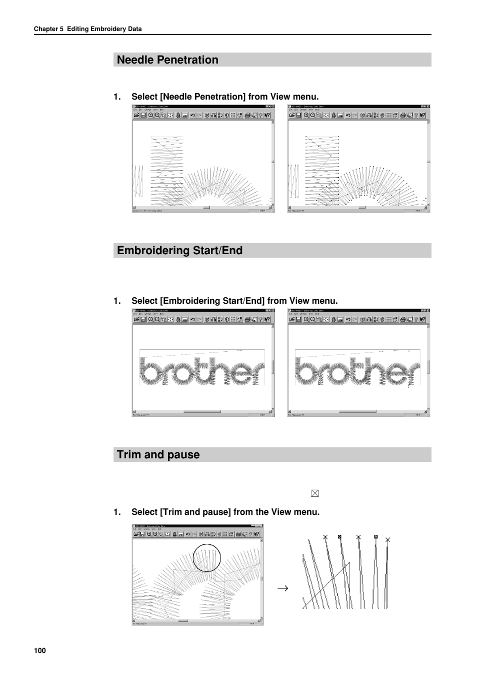 Needle penetration, Embroidering start/end, Trim and pause | Brother BES-962BC User Manual | Page 102 / 270