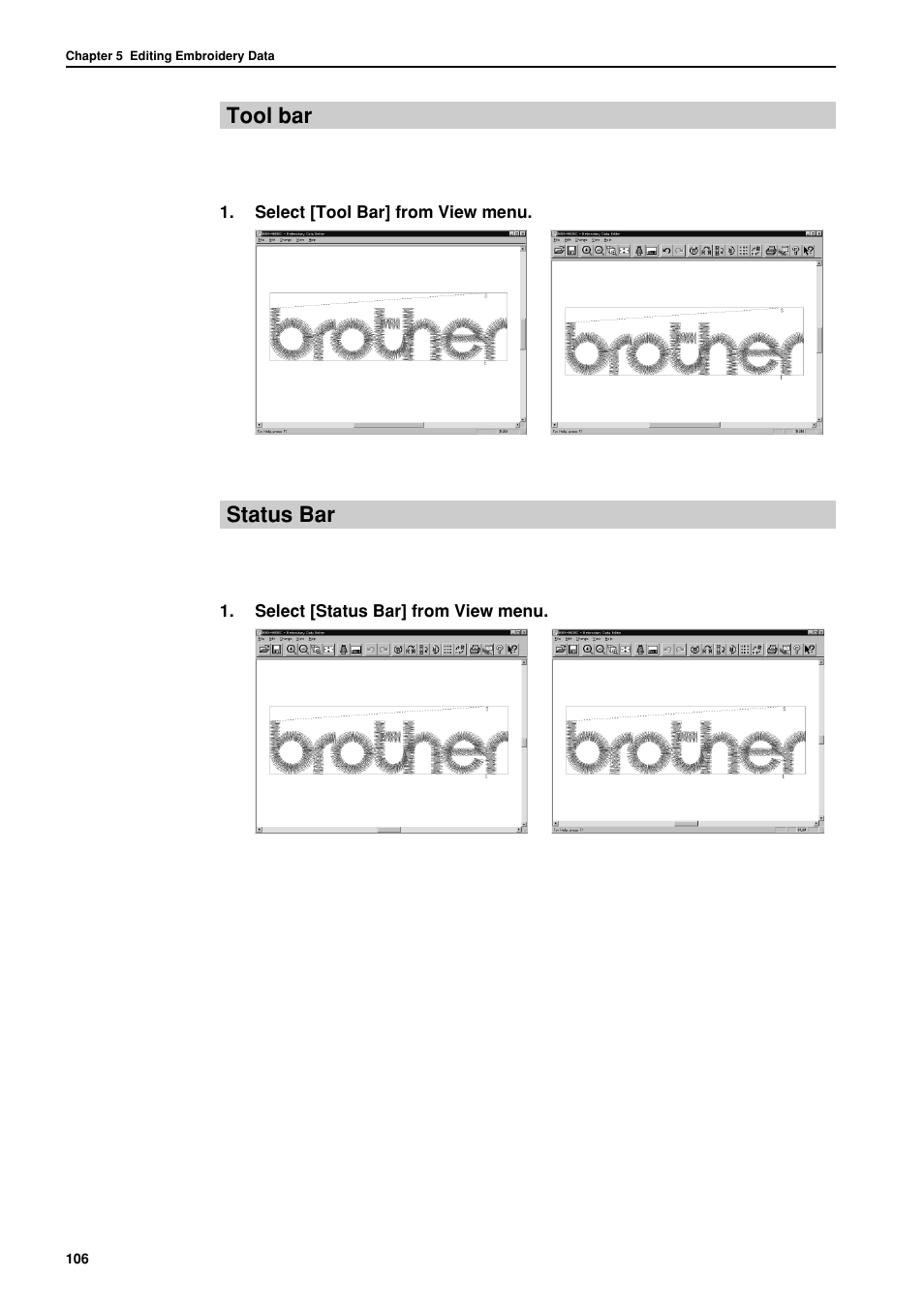 Tool bar, Status bar | Brother BES-962BC User Manual | Page 108 / 270