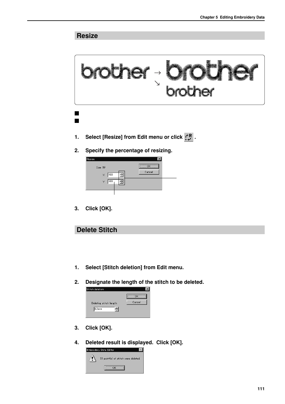 Resize, Delete stitch | Brother BES-962BC User Manual | Page 113 / 270