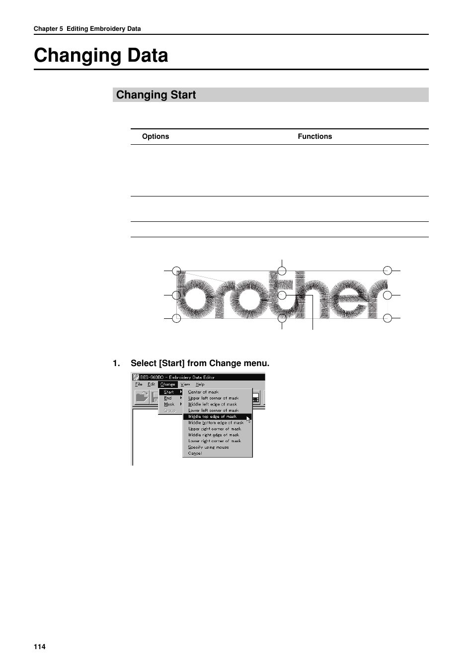 Changing data, Changing start | Brother BES-962BC User Manual | Page 116 / 270