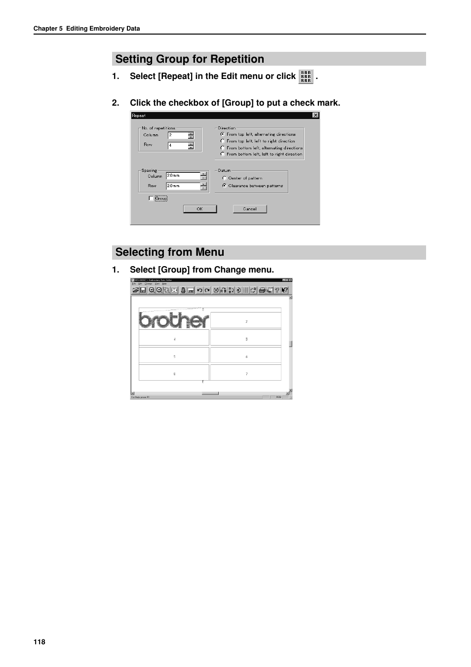 Setting group for repetition, Selecting from menu | Brother BES-962BC User Manual | Page 120 / 270