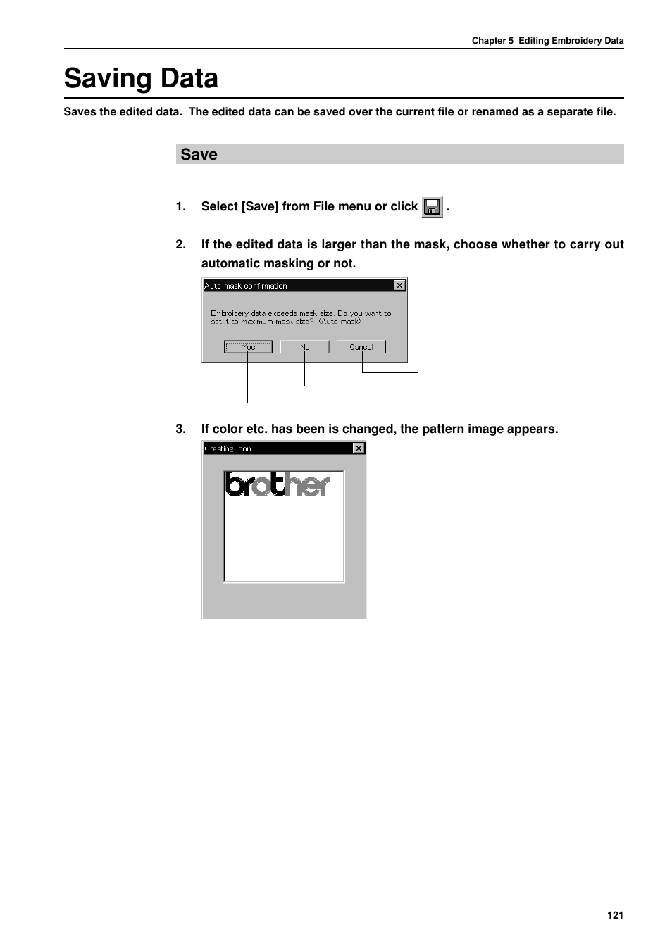 Saving data, Save | Brother BES-962BC User Manual | Page 123 / 270