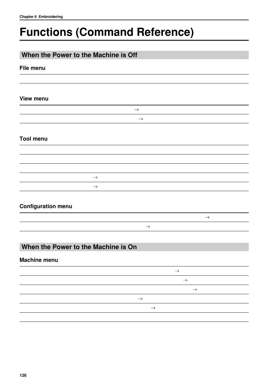 Functions (command reference), When the power to the machine is off, When the power to the machine is on | File menu, View menu, Tool menu, Configuration menu, Machine menu | Brother BES-962BC User Manual | Page 128 / 270