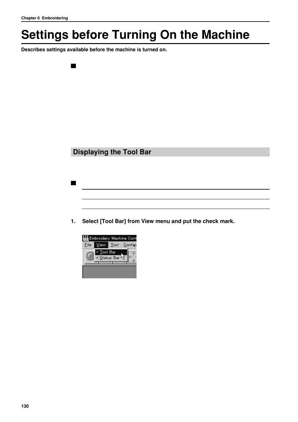 Settings before turning on the machine, Displaying the tool bar | Brother BES-962BC User Manual | Page 132 / 270