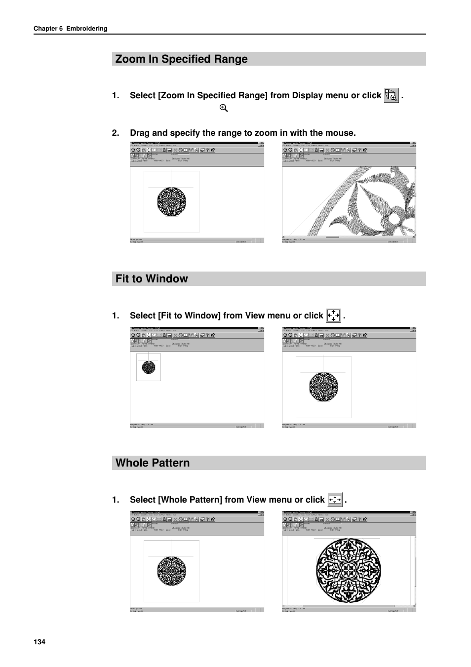 Zoom in specified range, Fit to window, Whole pattern | Brother BES-962BC User Manual | Page 136 / 270