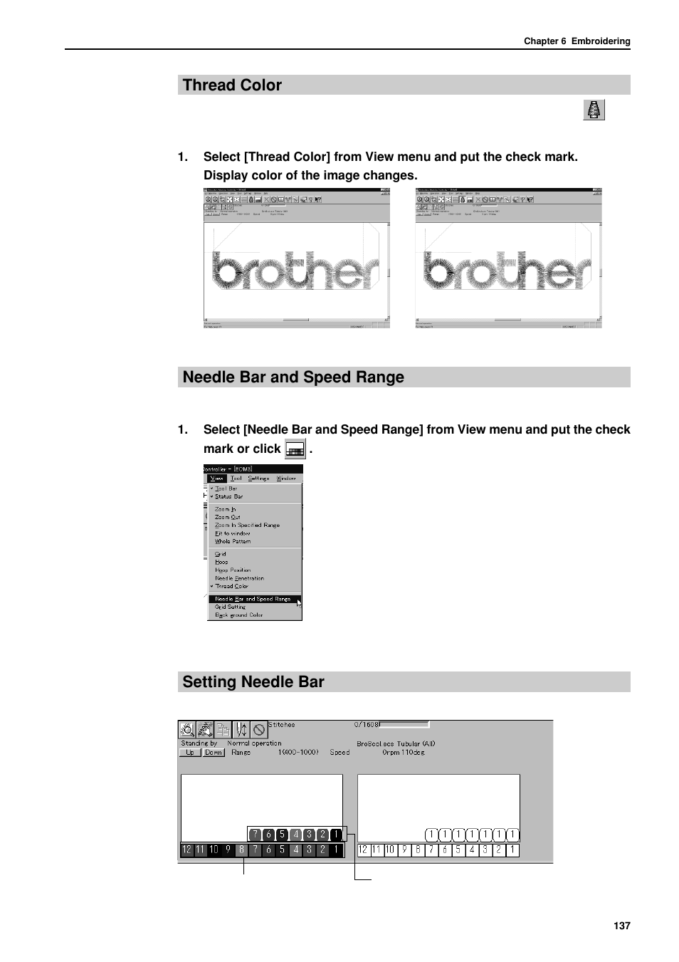 Thread color, Needle bar and speed range, Setting needle bar | Brother BES-962BC User Manual | Page 139 / 270