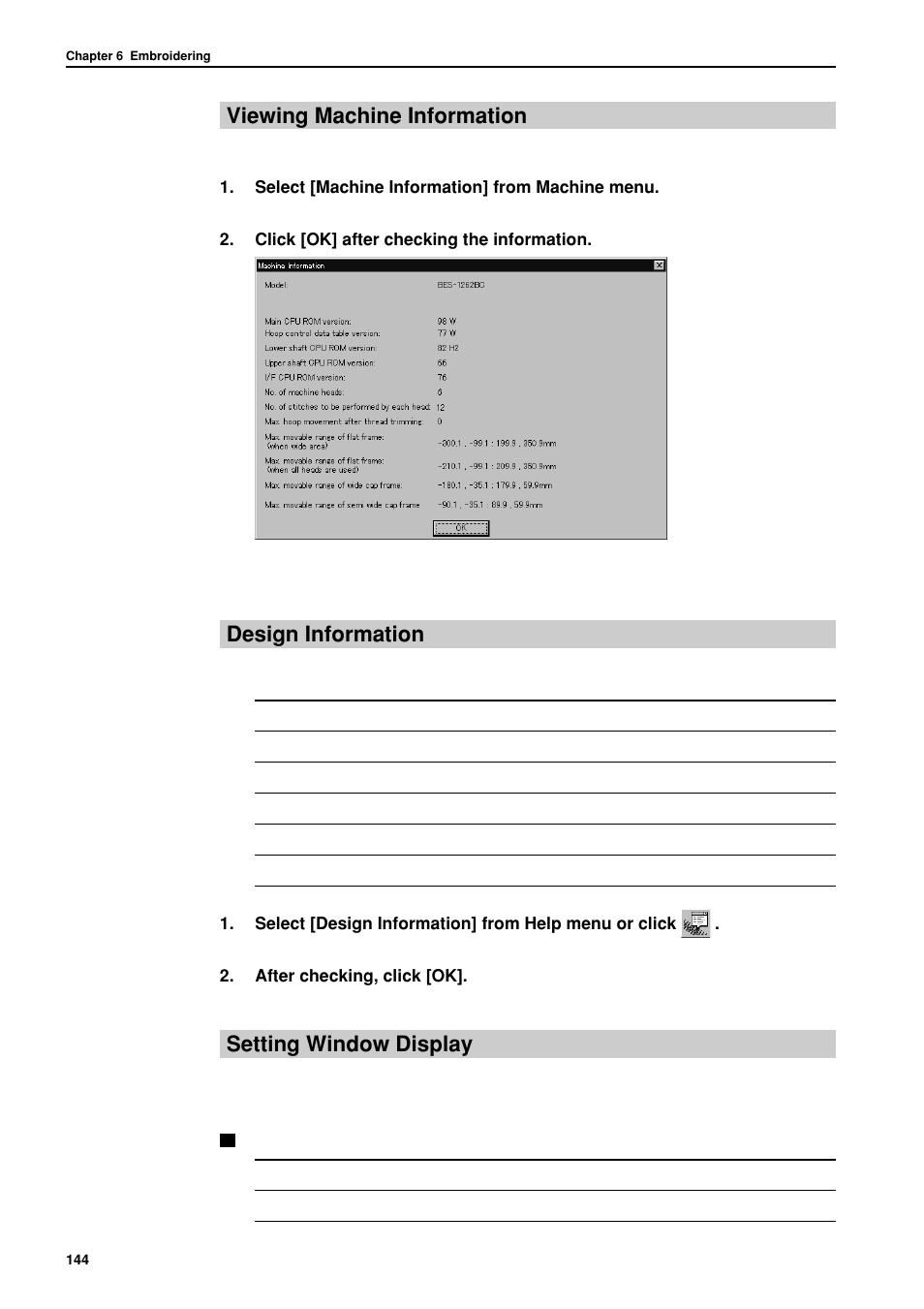 Viewing machine information, Design information, Setting window display | Brother BES-962BC User Manual | Page 146 / 270