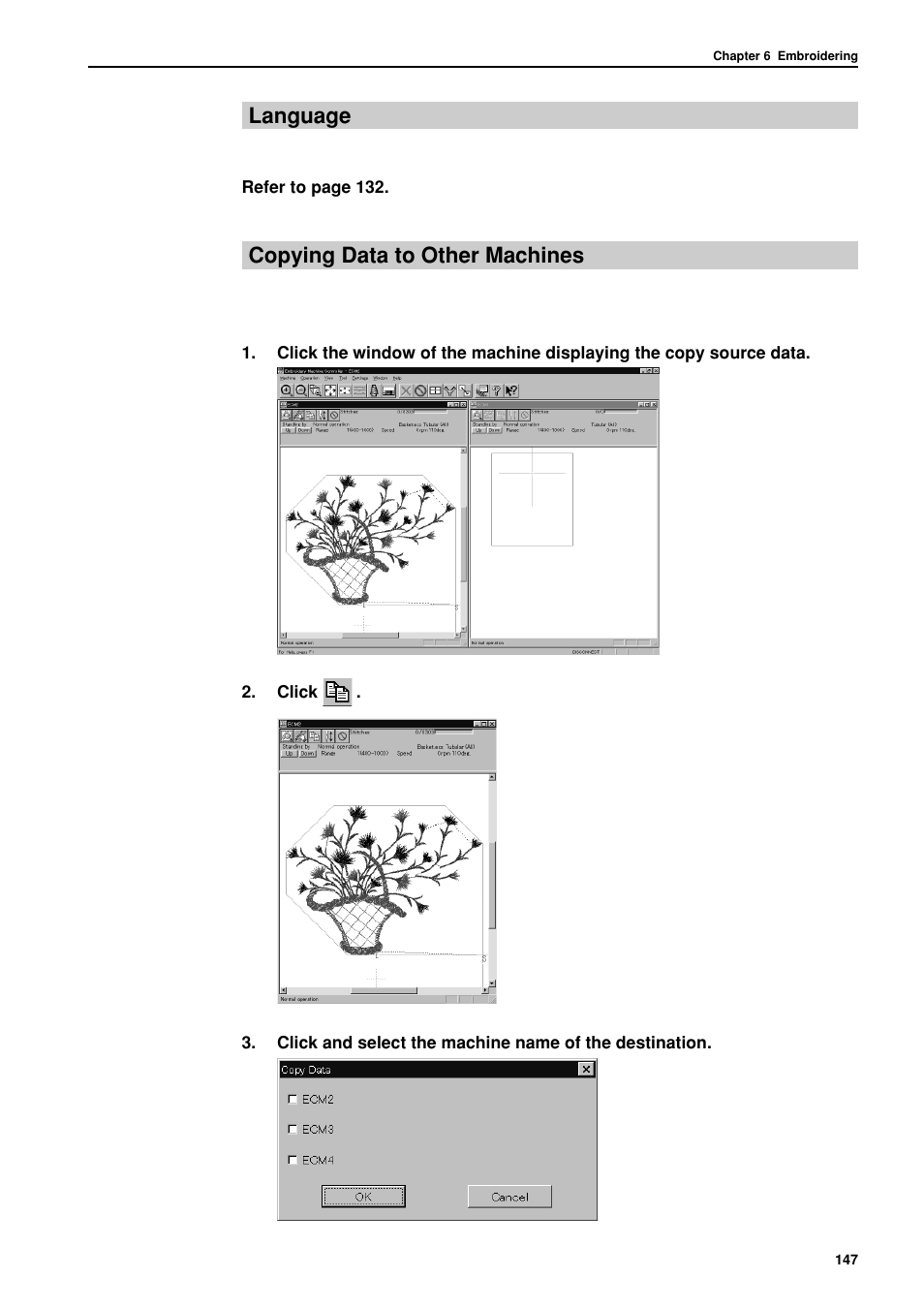 Language, Copying data to other machines | Brother BES-962BC User Manual | Page 149 / 270