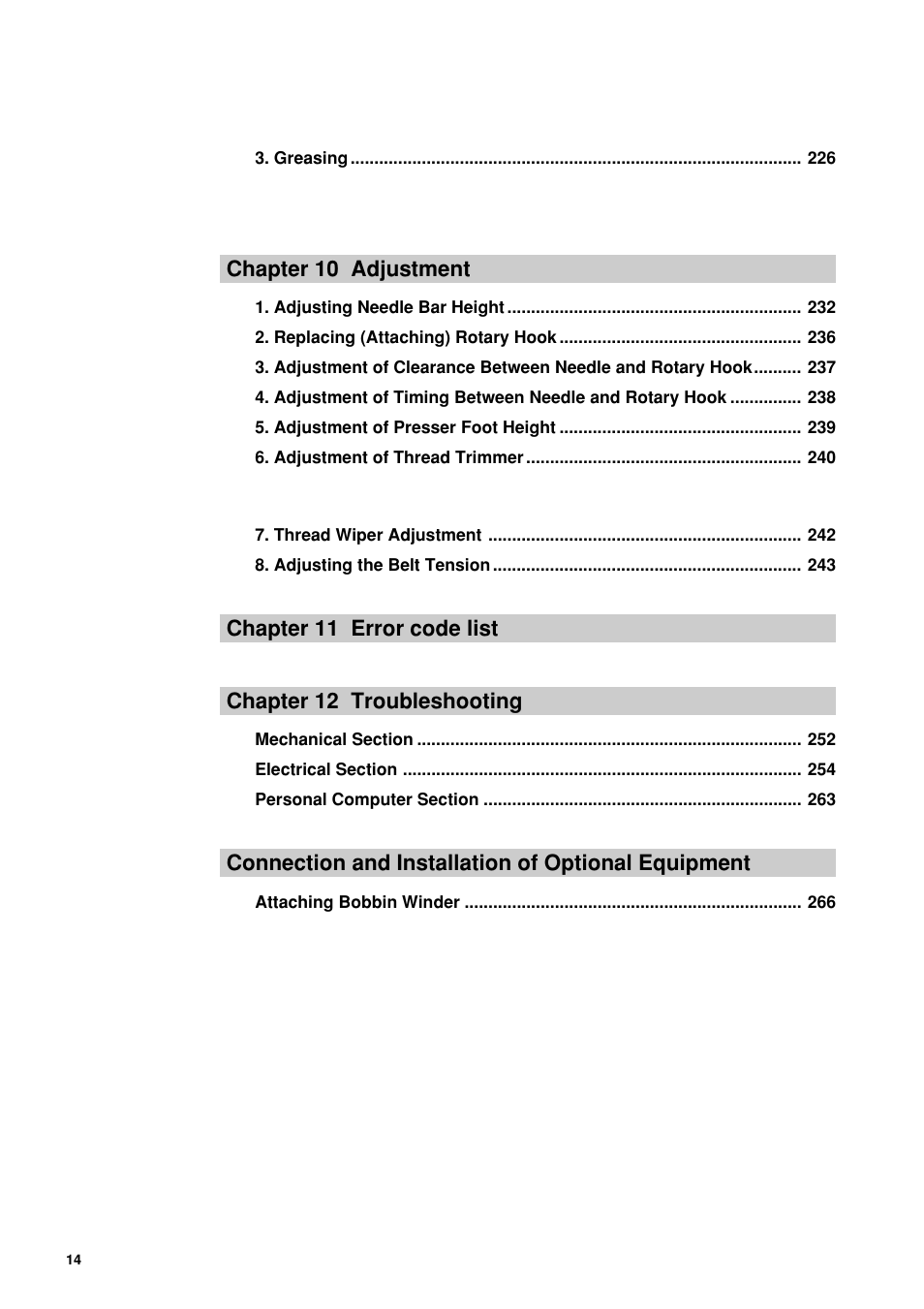 Chapter 10 adjustment, Connection and installation of optional equipment | Brother BES-962BC User Manual | Page 16 / 270