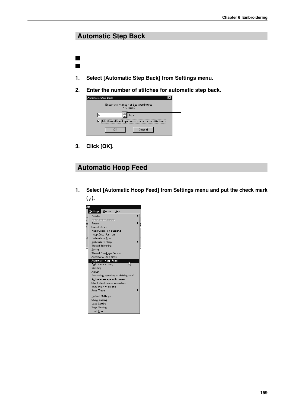 Automatic step back, Automatic hoop feed | Brother BES-962BC User Manual | Page 161 / 270