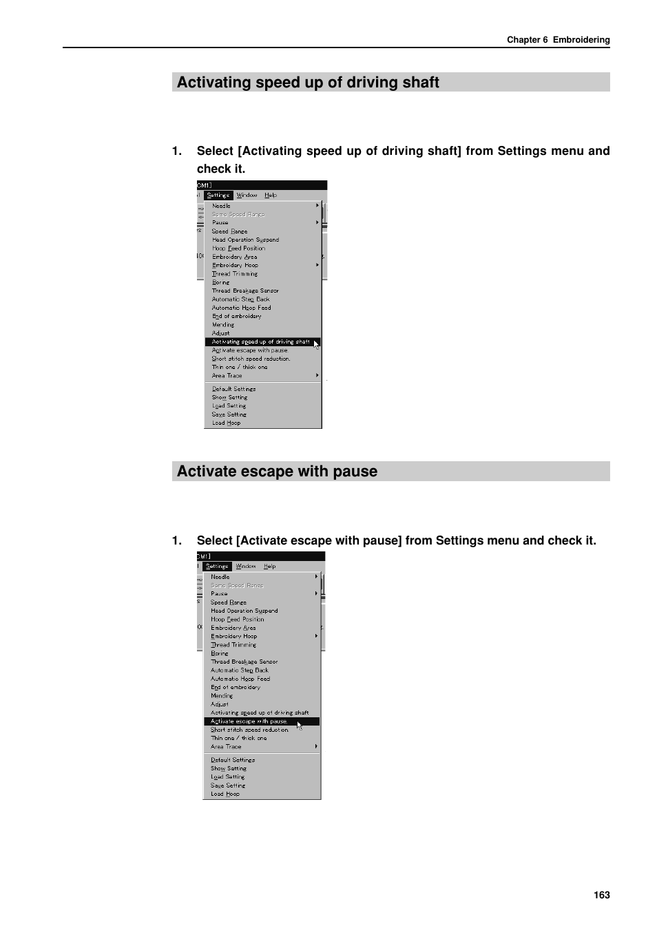 Activating speed up of driving shaft, Activate escape with pause | Brother BES-962BC User Manual | Page 165 / 270