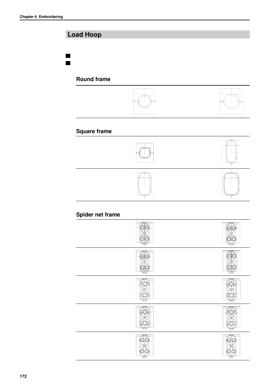 Load hoop, Round frame, Square frame | Spider net frame | Brother BES-962BC User Manual | Page 174 / 270