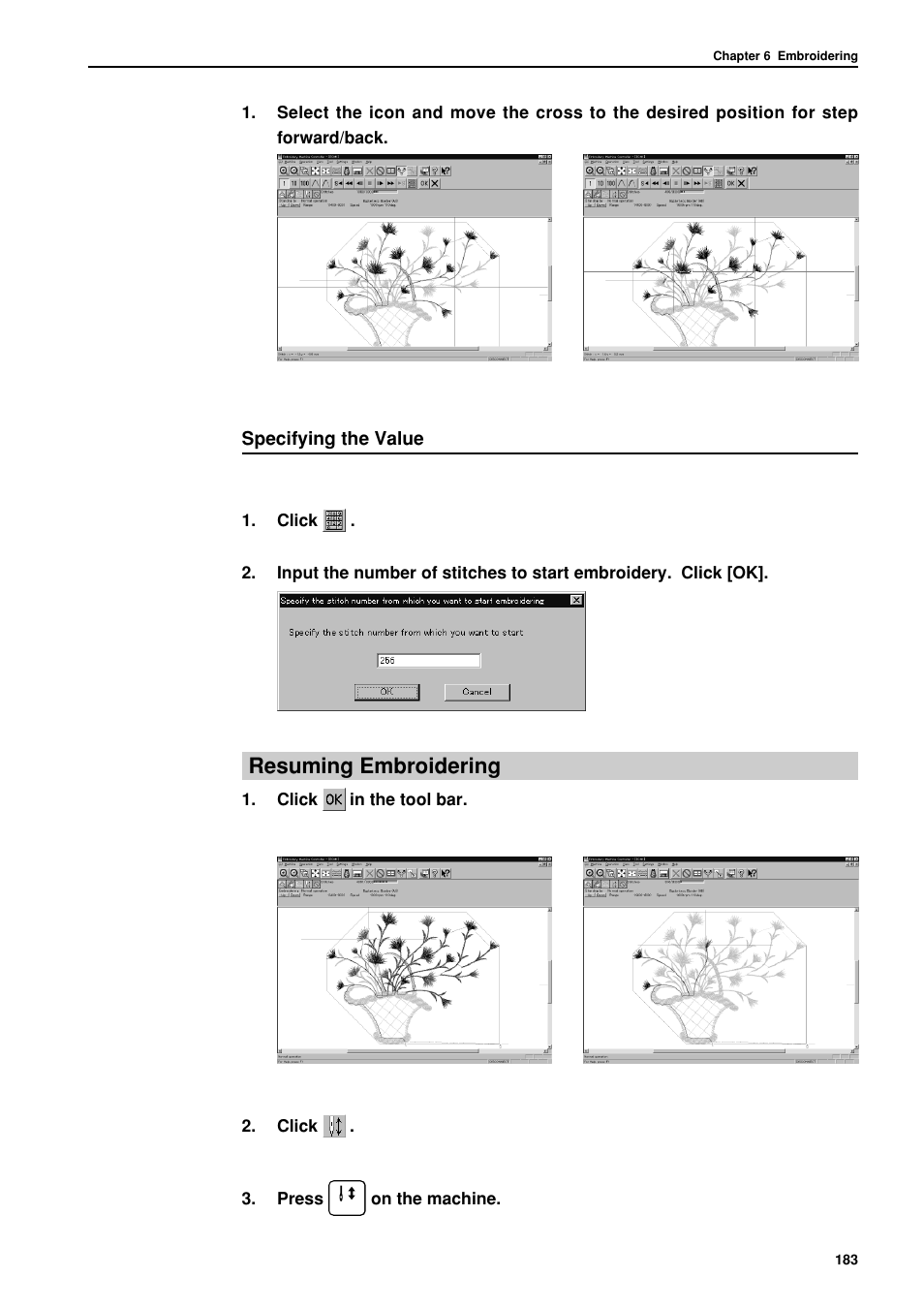 Resuming embroidering, Specifying the value | Brother BES-962BC User Manual | Page 185 / 270