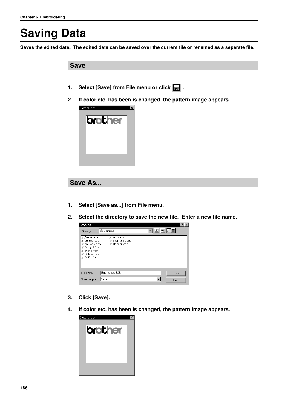 Saving data, Save, Save as | Brother BES-962BC User Manual | Page 188 / 270
