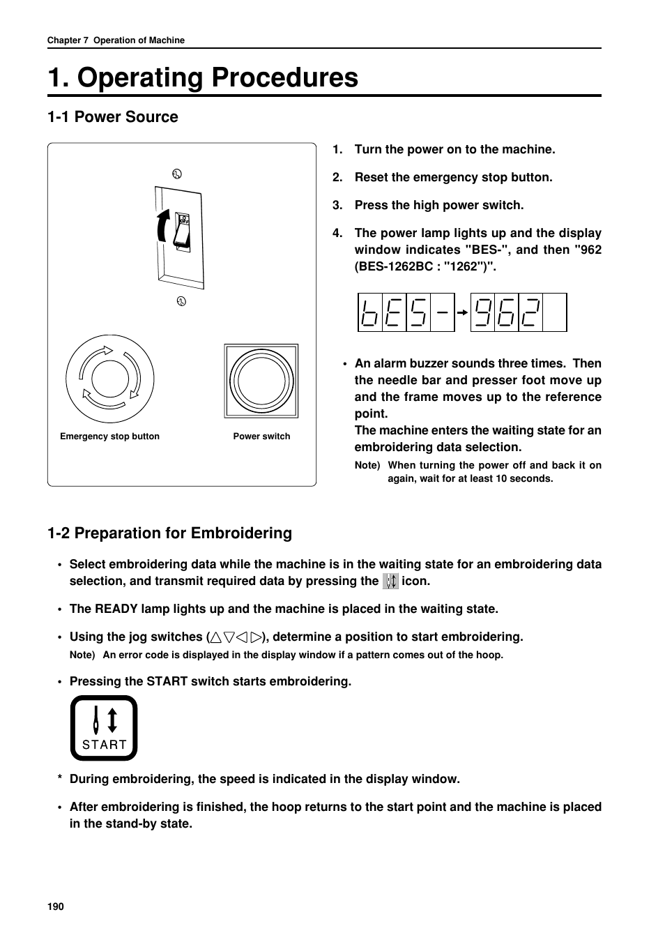 Operating procedures, 1 power source, 2 preparation for embroidering | Brother BES-962BC User Manual | Page 192 / 270