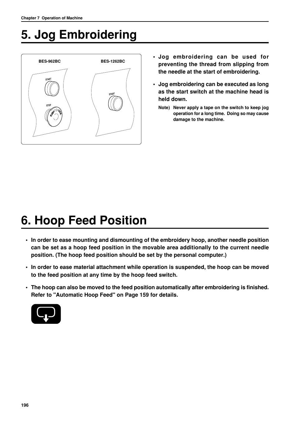 Jog embroidering, Hoop feed position | Brother BES-962BC User Manual | Page 198 / 270