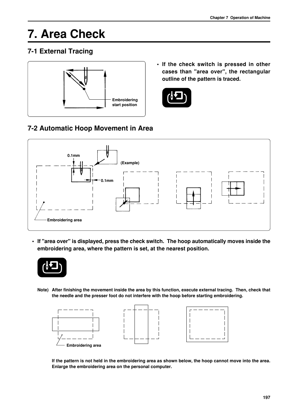 Area check, 1 external tracing, 2 automatic hoop movement in area | Brother BES-962BC User Manual | Page 199 / 270