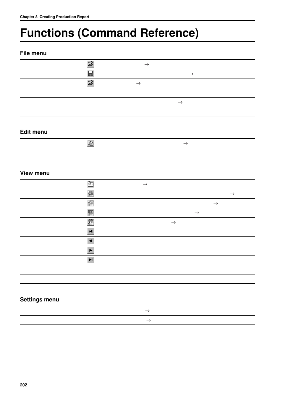 Functions (command reference), File menu, Edit menu | View menu, Settings menu | Brother BES-962BC User Manual | Page 204 / 270