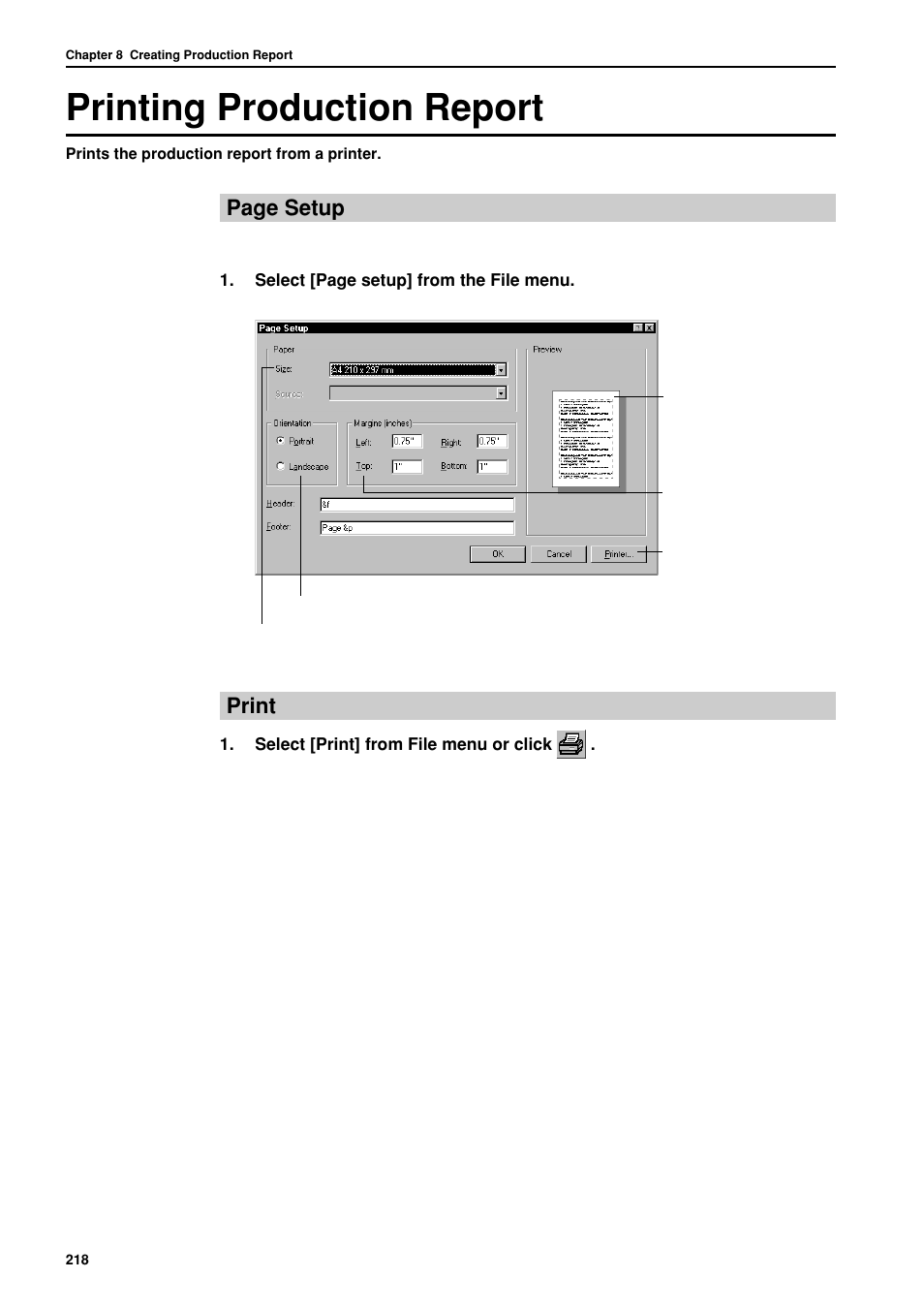 Printing production report, Print, Page setup | Brother BES-962BC User Manual | Page 220 / 270