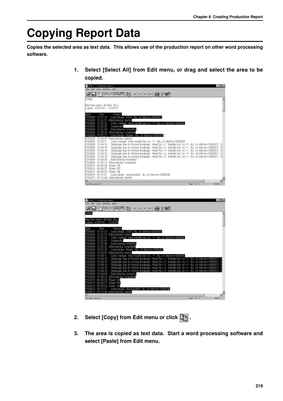 Copying report data | Brother BES-962BC User Manual | Page 221 / 270