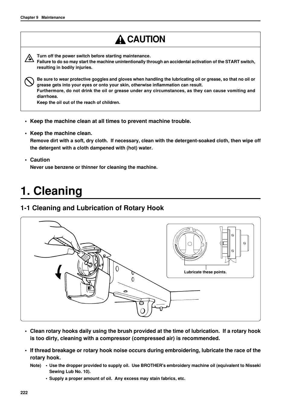 Cleaning, 1 cleaning and lubrication of rotary hook, Caution | Brother BES-962BC User Manual | Page 224 / 270