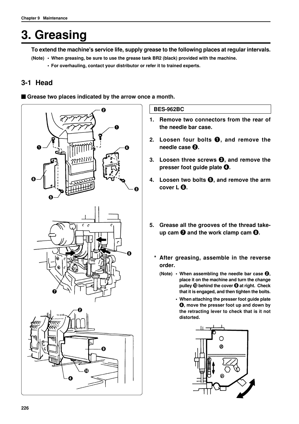 Greasing, 1 head | Brother BES-962BC User Manual | Page 228 / 270