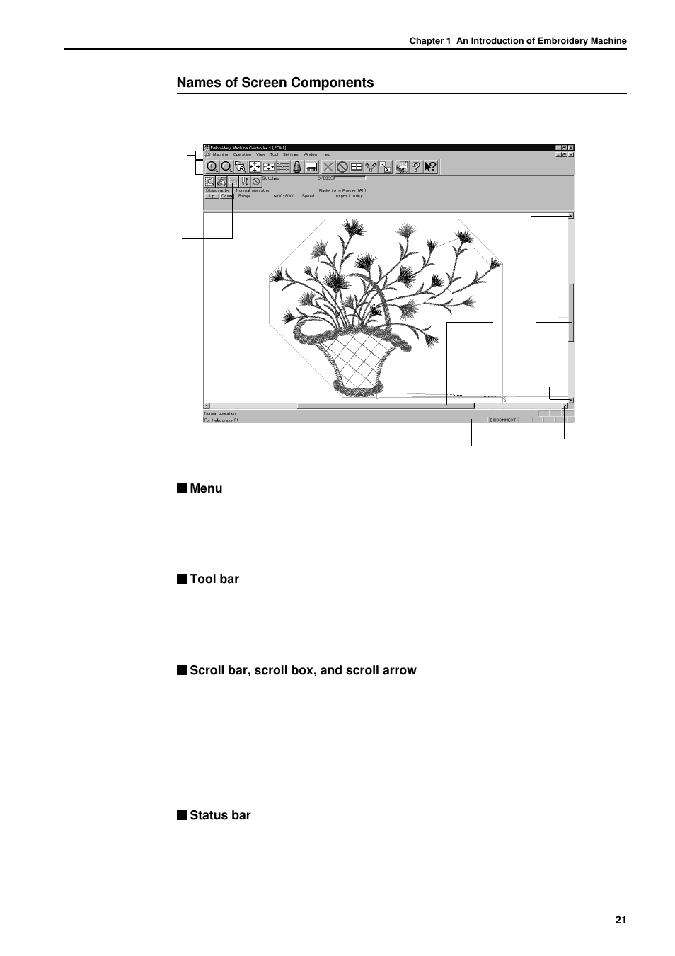 Names of screen components | Brother BES-962BC User Manual | Page 23 / 270