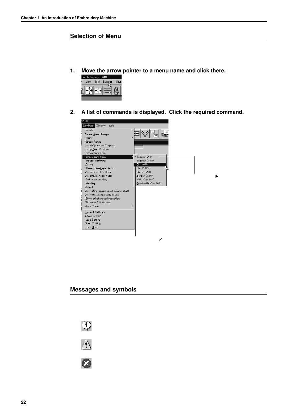 Selection of menu, Messages and symbols | Brother BES-962BC User Manual | Page 24 / 270