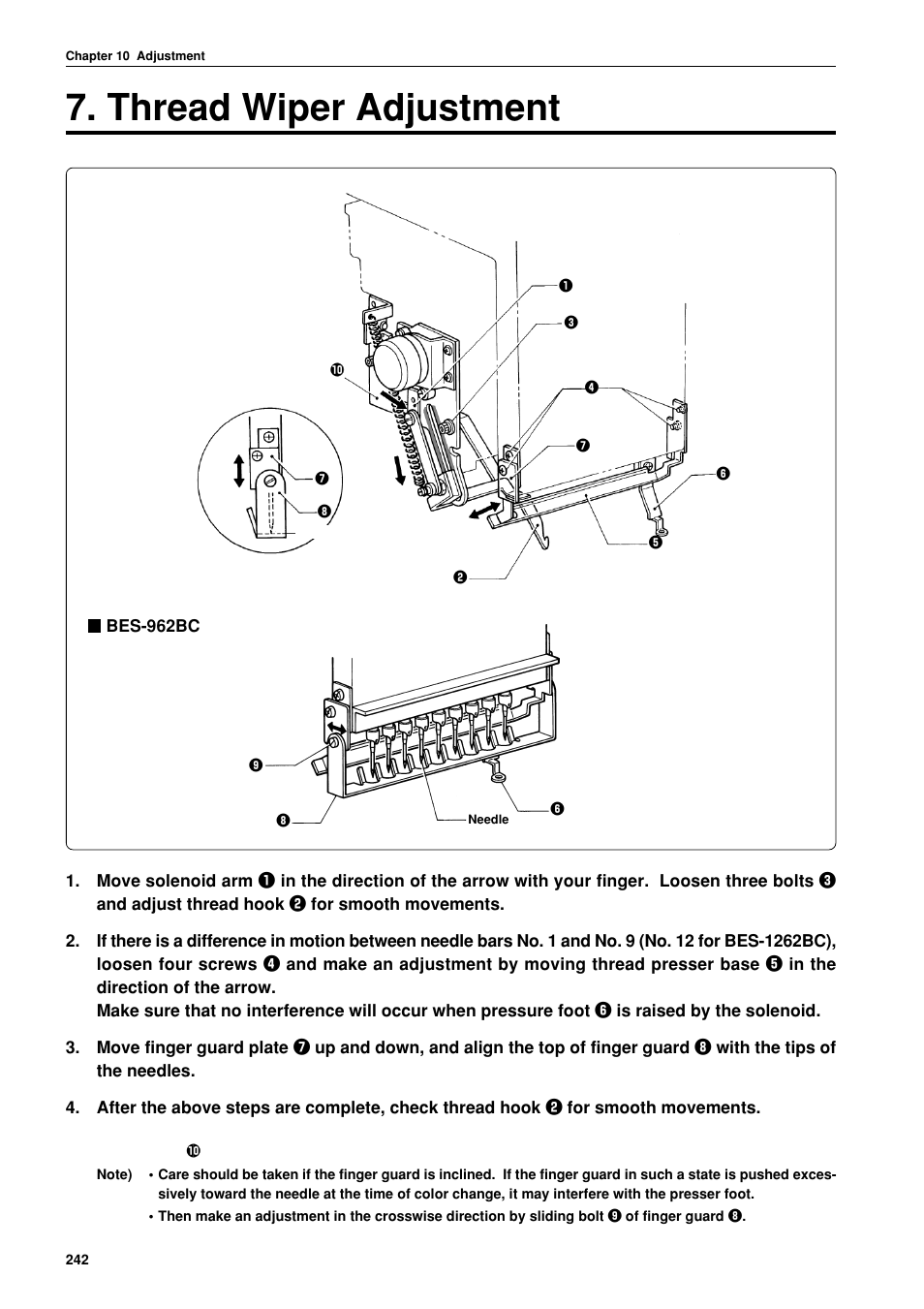 Thread wiper adjustment | Brother BES-962BC User Manual | Page 244 / 270