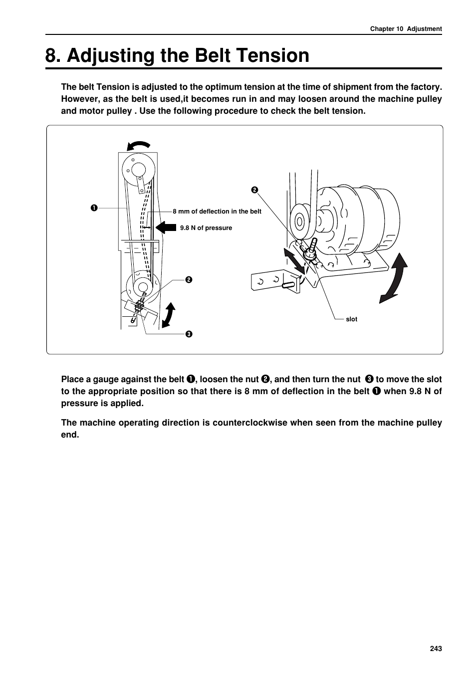 Adjusting the belt tension | Brother BES-962BC User Manual | Page 245 / 270