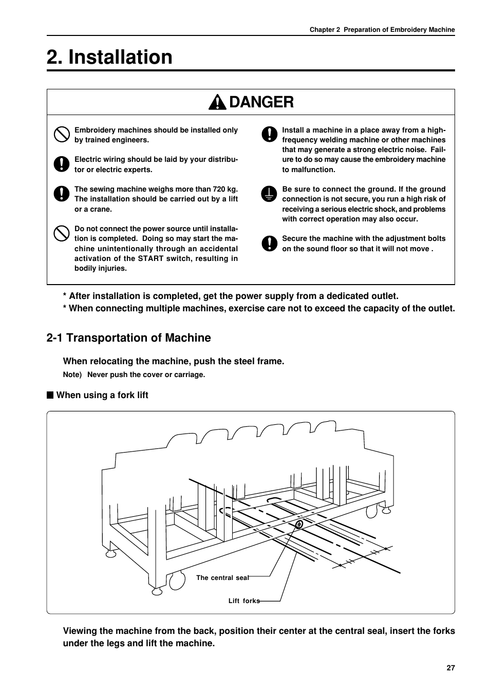Installation, 1 transportation of machine, Danger | Brother BES-962BC User Manual | Page 29 / 270