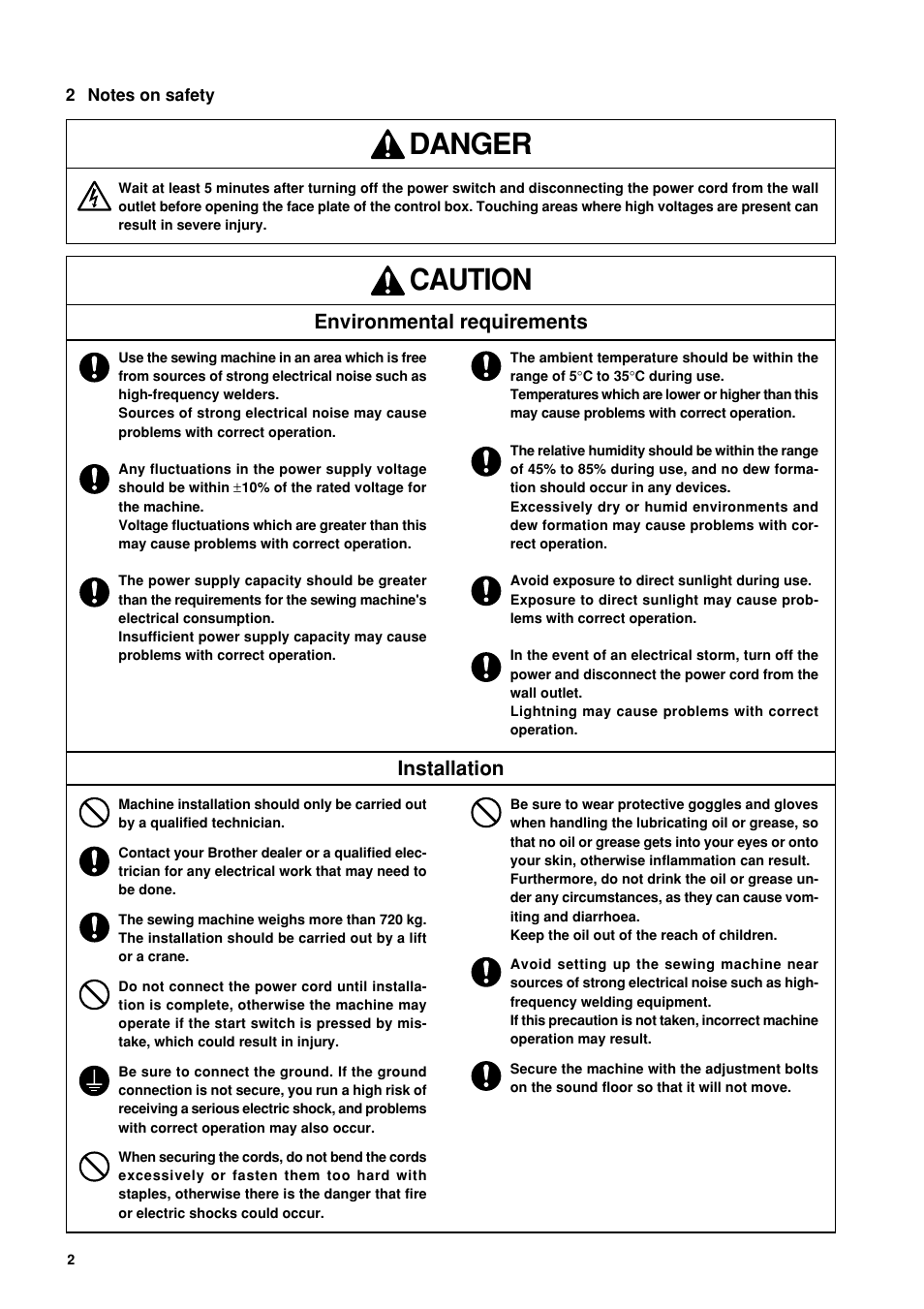 Danger, Caution, Environmental requirements | Installation | Brother BES-962BC User Manual | Page 4 / 270