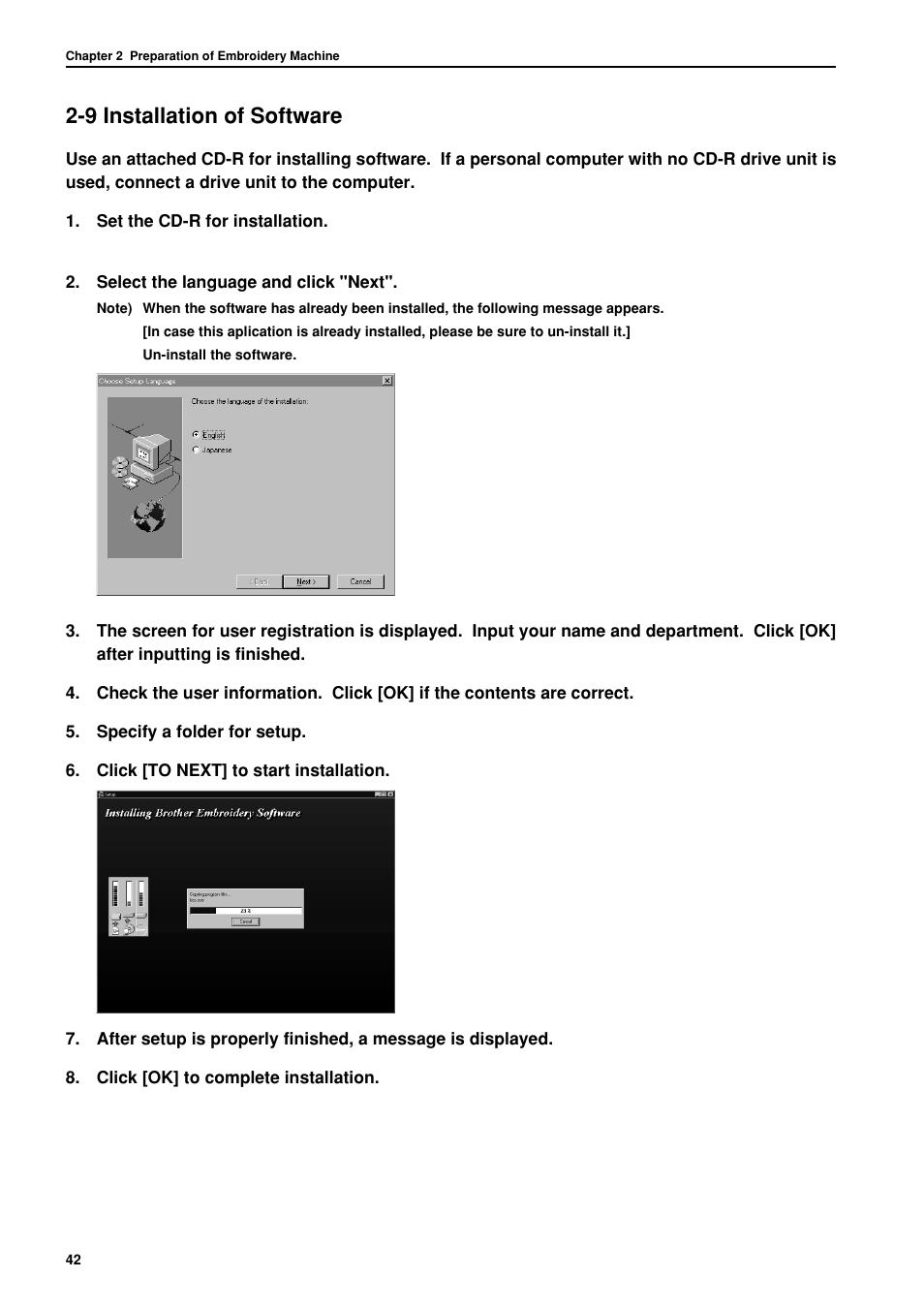 9 installation of software | Brother BES-962BC User Manual | Page 44 / 270