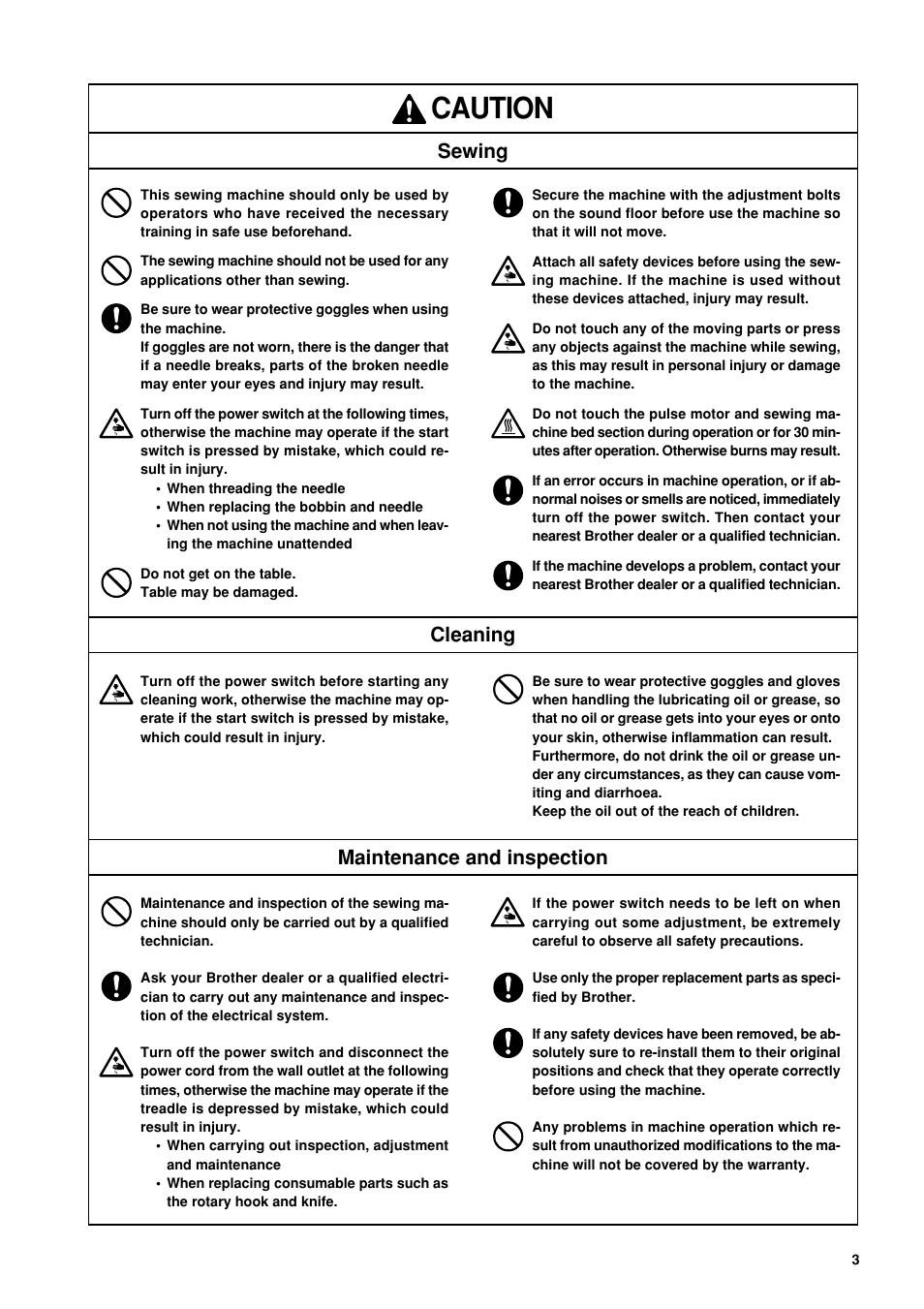 Caution, Sewing, Cleaning | Maintenance and inspection | Brother BES-962BC User Manual | Page 5 / 270