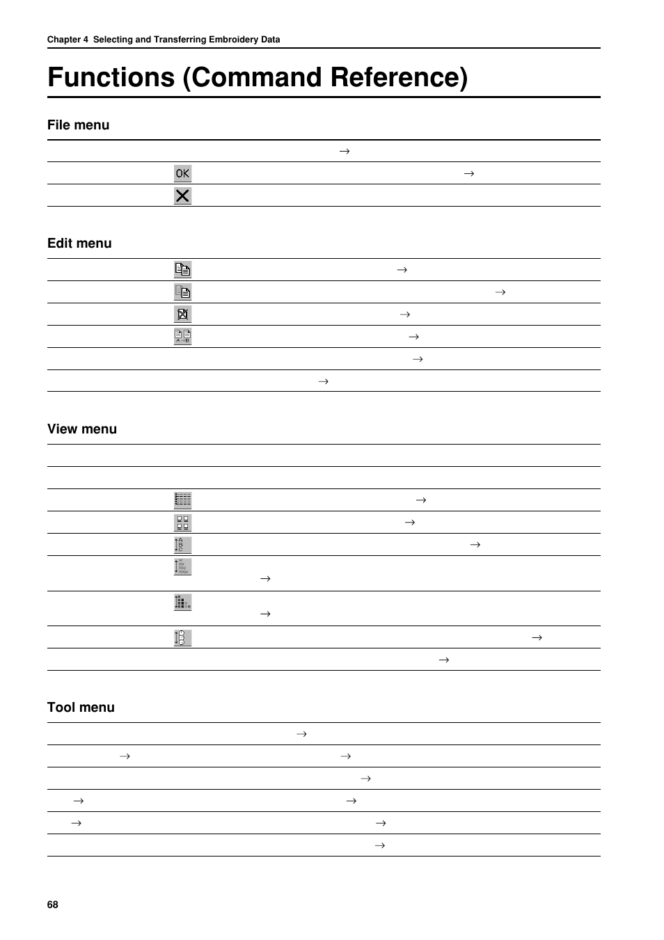 Functions (command reference), File menu, Edit menu | View menu, Tool menu | Brother BES-962BC User Manual | Page 70 / 270