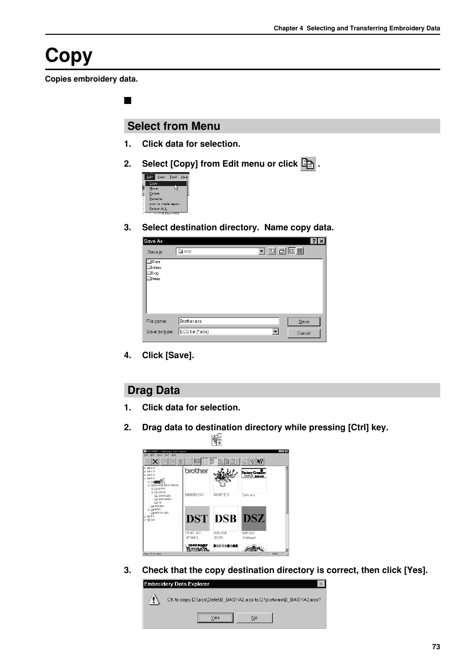 Copy, Select from menu, Drag data | Brother BES-962BC User Manual | Page 75 / 270