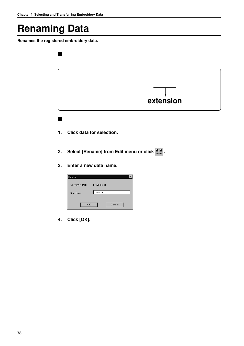 Renaming data, Extension | Brother BES-962BC User Manual | Page 80 / 270