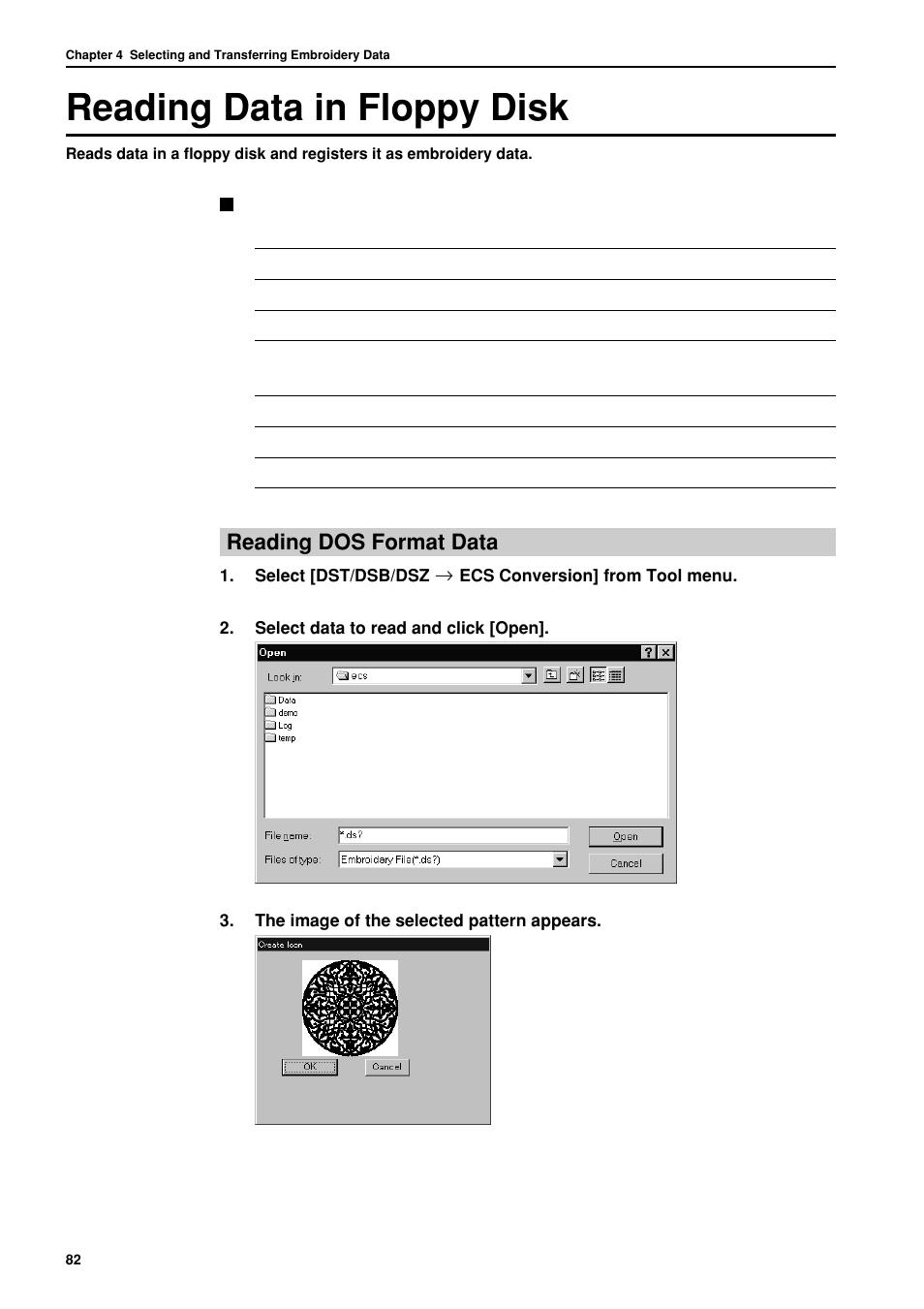 Reading data in floppy disk, Reading dos format data | Brother BES-962BC User Manual | Page 84 / 270