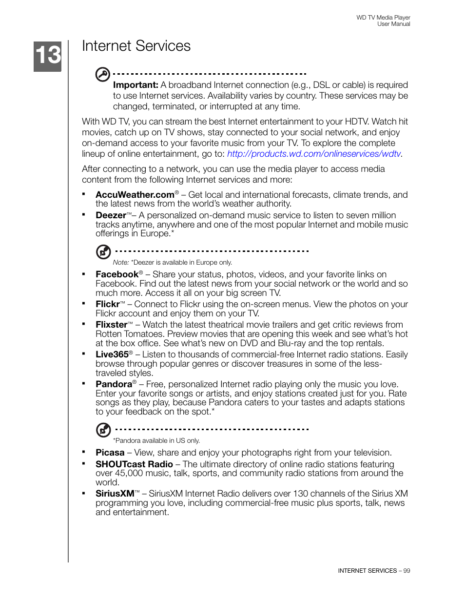 Internet services | Western Digital WD TV User Manual User Manual | Page 104 / 244