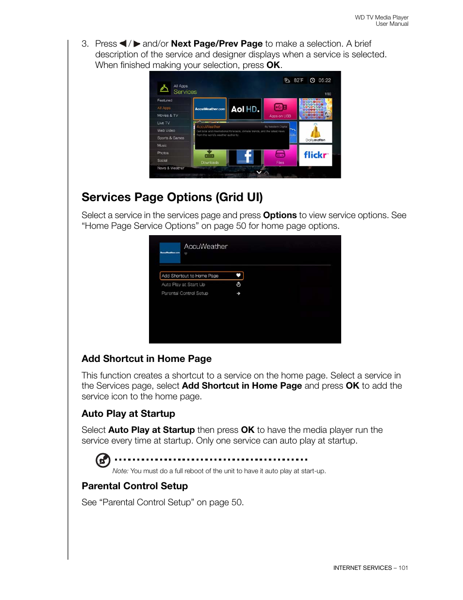 Auto play at startup, Parental control setup, Services page options (grid ui) | Western Digital WD TV User Manual User Manual | Page 106 / 244