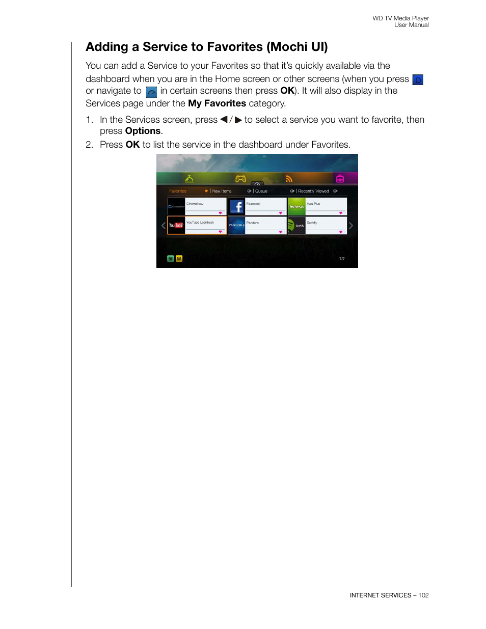 Adding a service to favorites (mochi ui) | Western Digital WD TV User Manual User Manual | Page 107 / 244