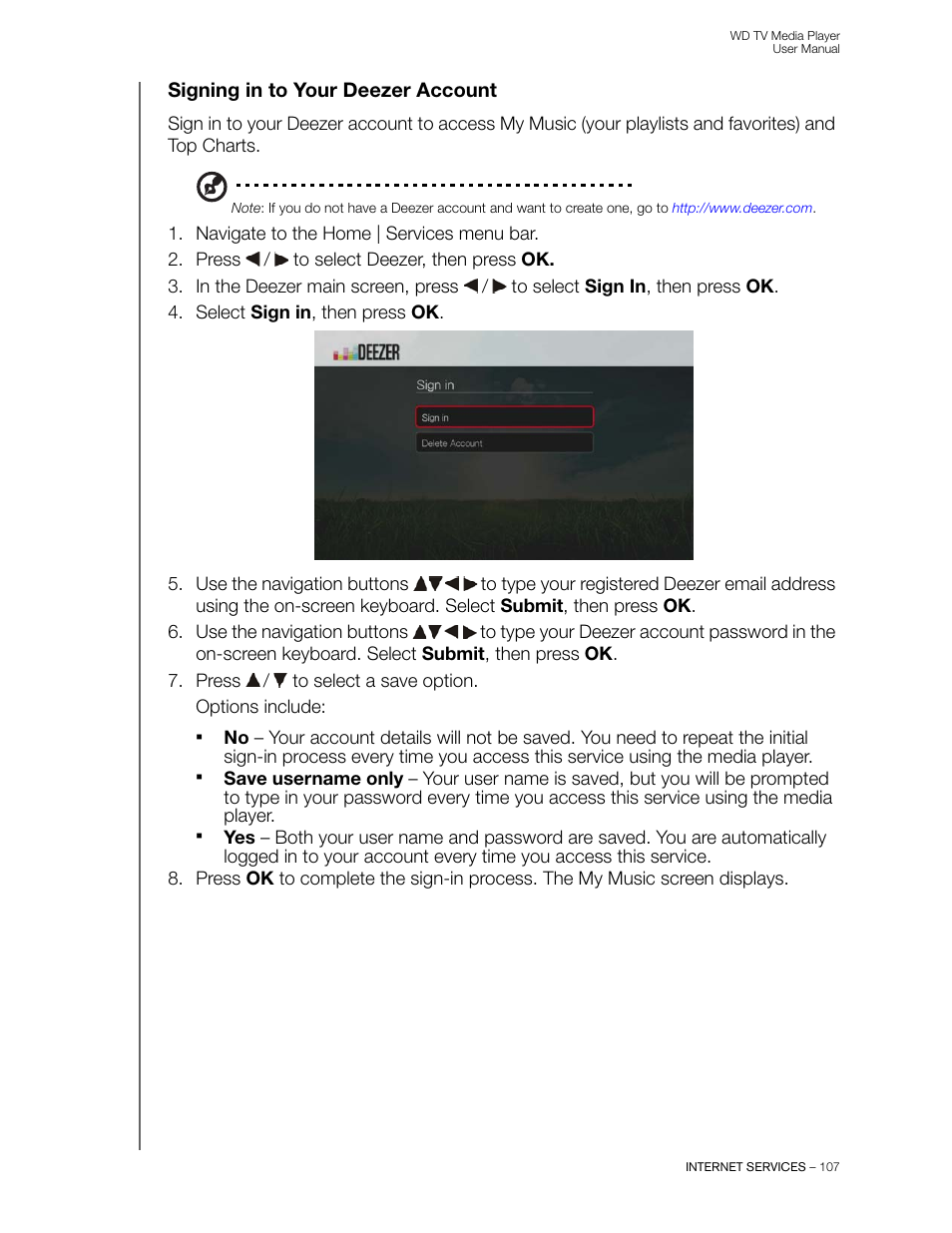Signing in to your deezer account | Western Digital WD TV User Manual User Manual | Page 112 / 244
