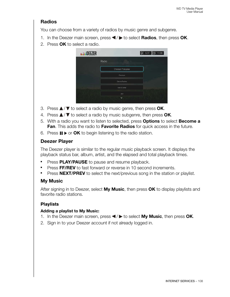 Radios, Deezer player, My music | Playlists | Western Digital WD TV User Manual User Manual | Page 113 / 244