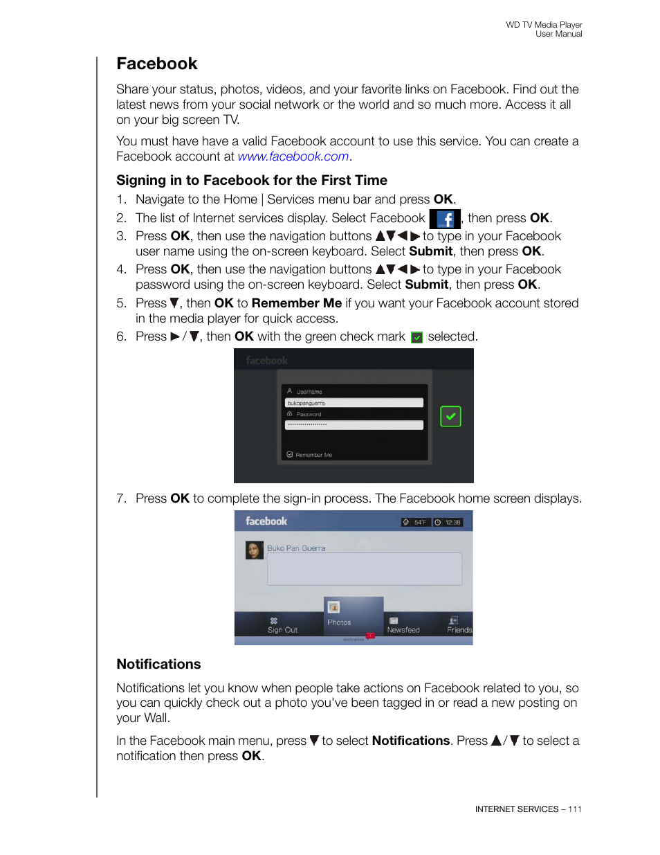 Facebook, Signing in to facebook for the first time, Notifications | D (see “facebook” on | Western Digital WD TV User Manual User Manual | Page 116 / 244