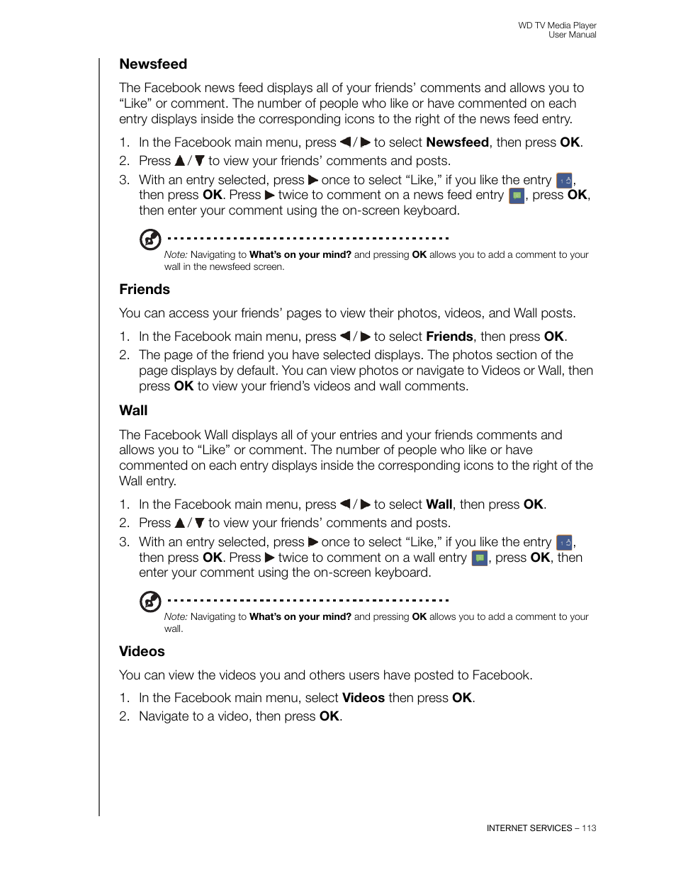 Newsfeed, Friends, Wall | Videos | Western Digital WD TV User Manual User Manual | Page 118 / 244