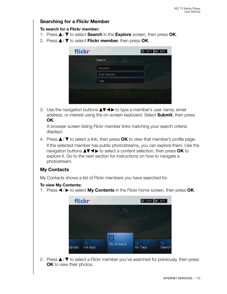 Searching for a flickr member, My contacts | Western Digital WD TV User Manual User Manual | Page 124 / 244