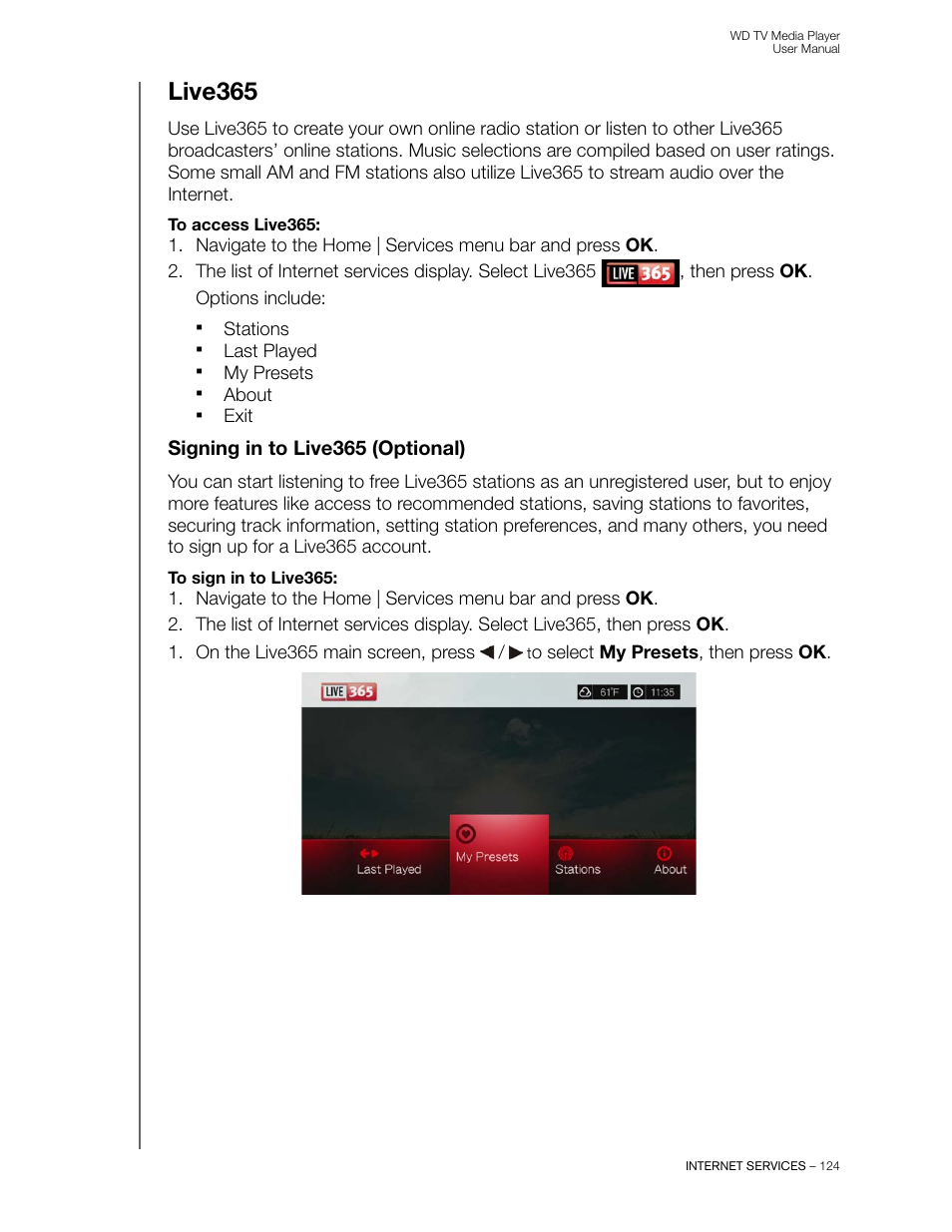 Live365, Signing in to live365 (optional) | Western Digital WD TV User Manual User Manual | Page 129 / 244
