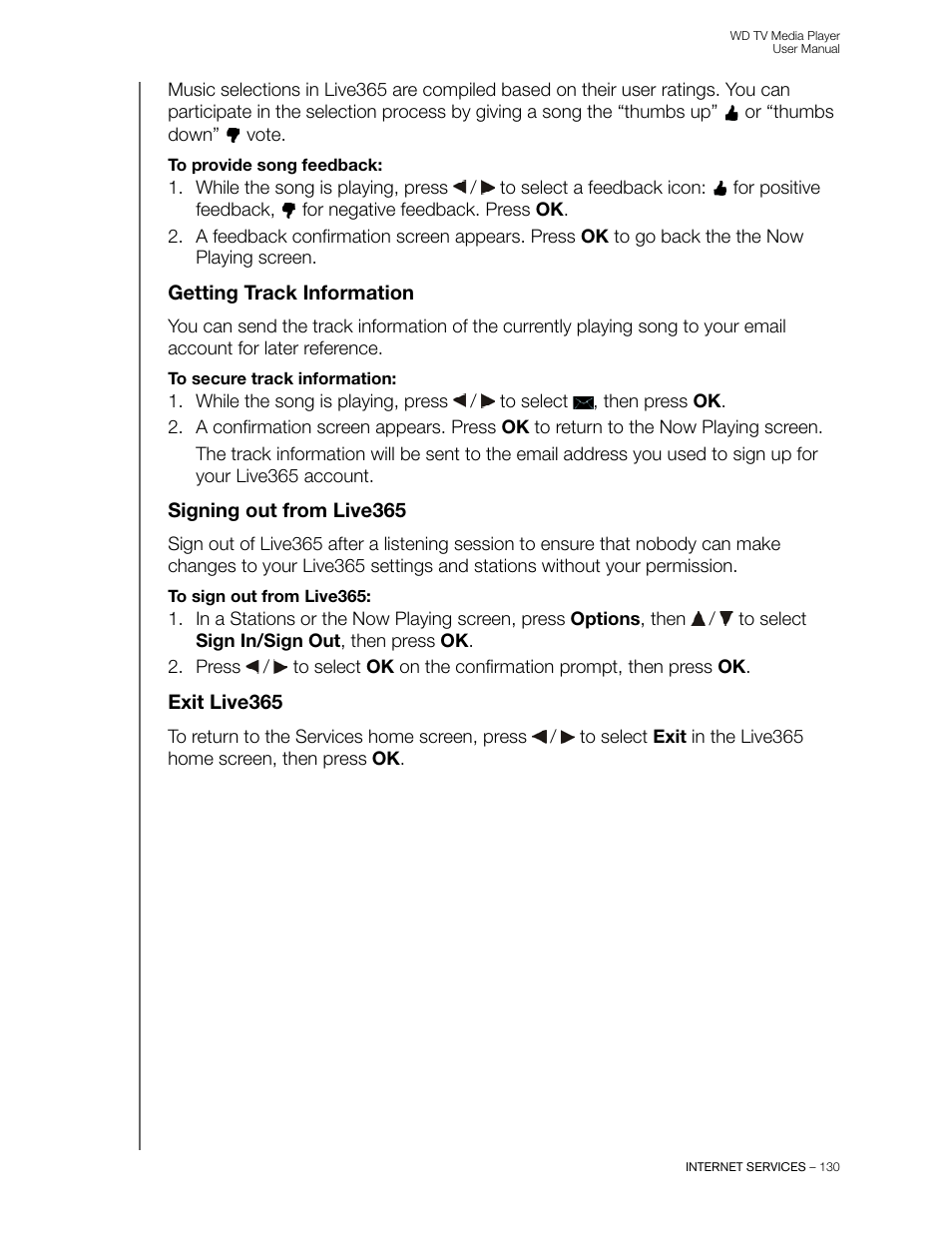 Getting track information, Signing out from live365, Exit live365 | Western Digital WD TV User Manual User Manual | Page 135 / 244