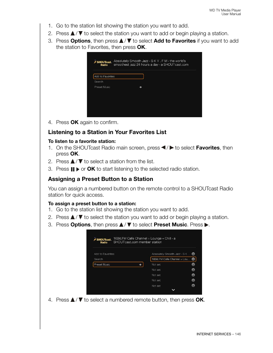 Listening to a station in your favorites list, Assigning a preset button to a station | Western Digital WD TV User Manual User Manual | Page 151 / 244